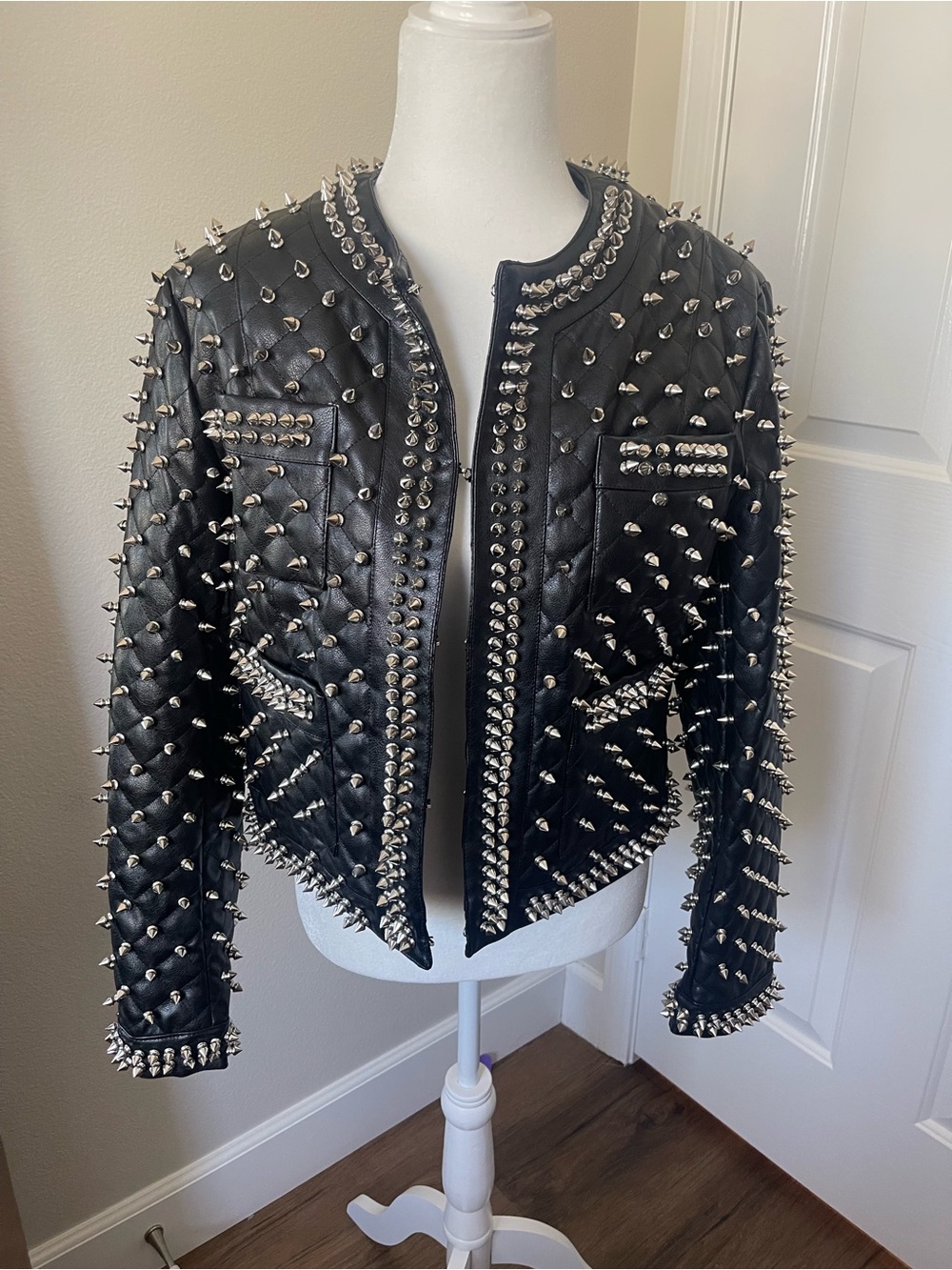 Women's Black Spiked Faux Leather Jacket - Silver Stud Detail